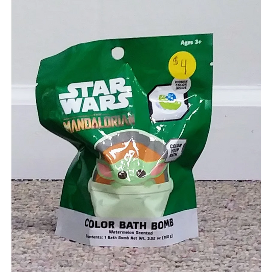Star Wars color bath bomb with Grogu in green watermelon fizz bag
