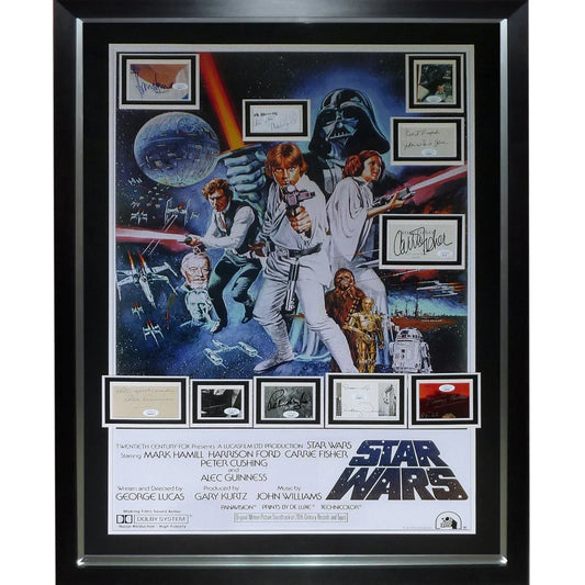 Framed star wars deluxe movie poster featuring iconic characters and all cast autographs certified by jsa