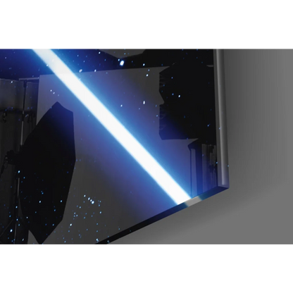 Glowing blue lightsaber in glass wall art print on dark backdrop