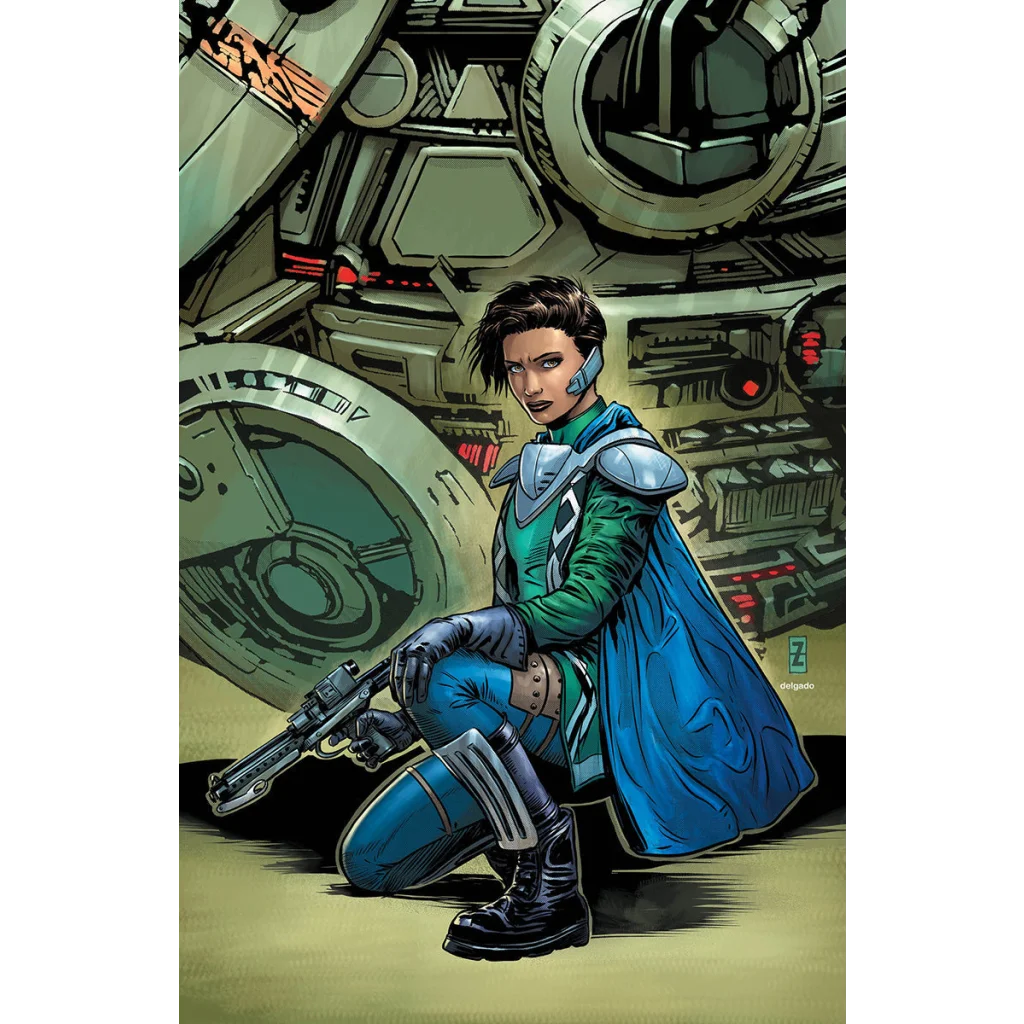 Female mercenary in green and blue uniform with blaster from Star Wars Hidden Empire graded blue label comic