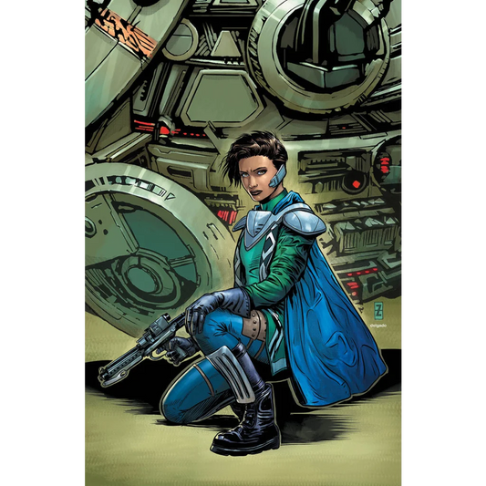 Female mercenary in green and blue uniform with blaster from Star Wars Hidden Empire graded blue label comic