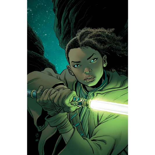 Young woman with green lightsaber from Star Wars High Republic comic book scene
