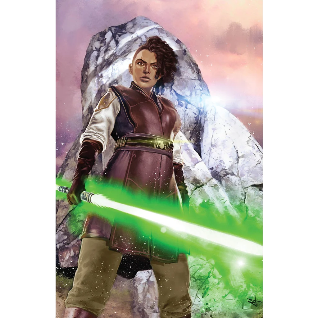 Woman with shaved side and green lightsaber from Star Wars High Republic comic book