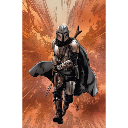 Star Wars Mandalorian in full Beskar armor with dark cape from graded blue label Rodney Barnes comic