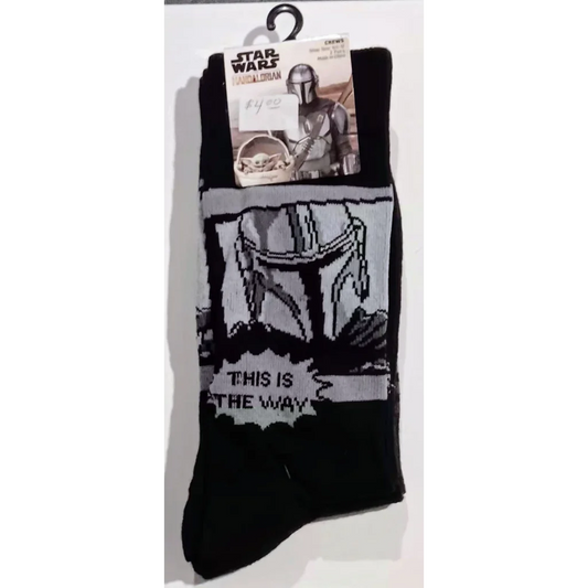 Black Star Wars Mandalorian crew socks with Boba Fett and The Child design