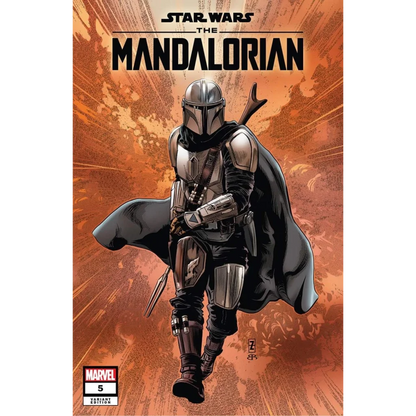 Star Wars Mandalorian comic cover featuring the Mandalorian in full armor with cape