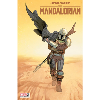 Star Wars Mandalorian comic cover with The Mandalorian holding Grogu in a comic book style