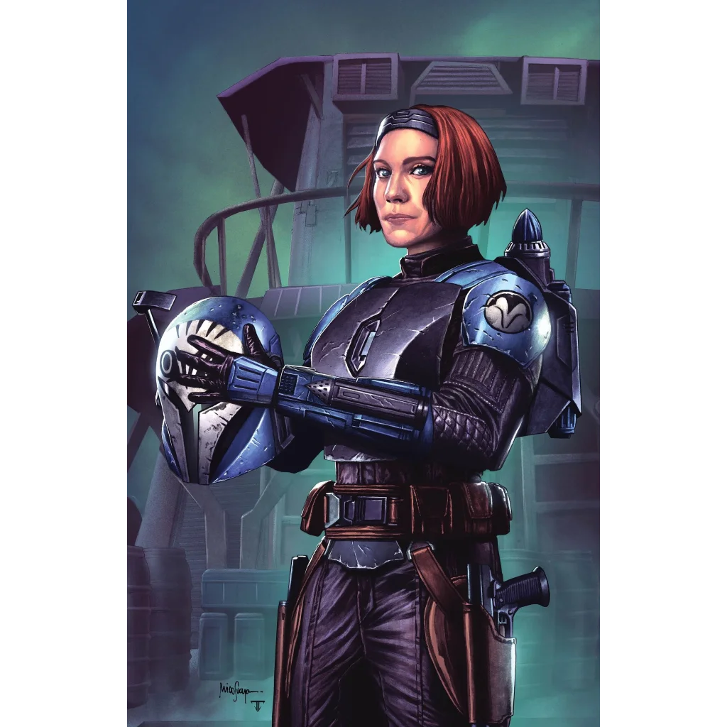 Red-haired woman in blue and gray Mandalorian armor holding helmet Star Wars Mandalorian Season 2 comic