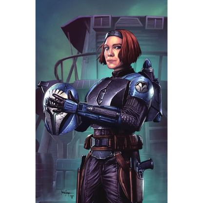 Red-haired woman in blue and gray Mandalorian armor holding helmet Star Wars Mandalorian Season 2 comic