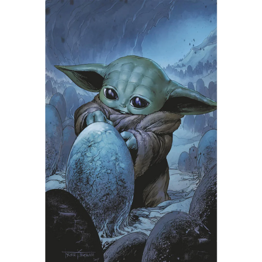 Star Wars Mandalorian Season 2 comic featuring Grogu holding a blue egg by Rodney Barnes