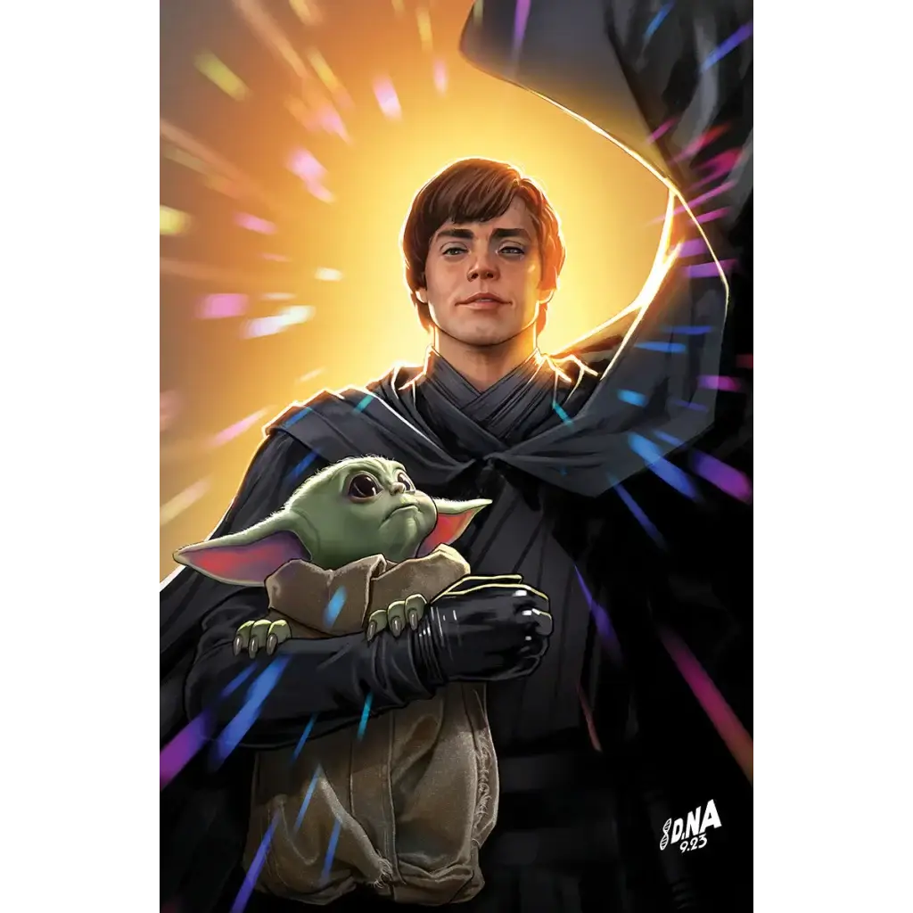 Luke Skywalker with Grogu in Star Wars Mandalorian variant cover art