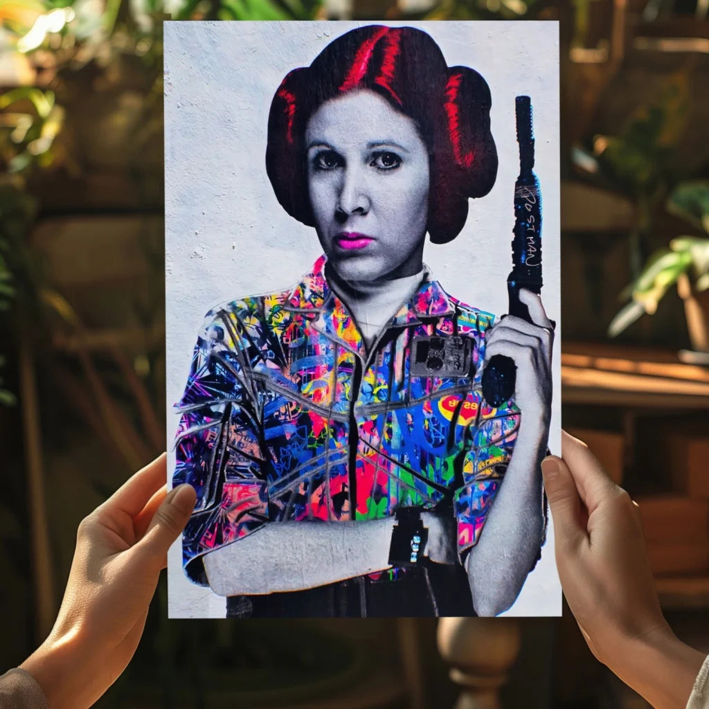 Colorful floral print zip-up jacket with black zipper and red hair accessory on Princess Leia Star Wars wall art