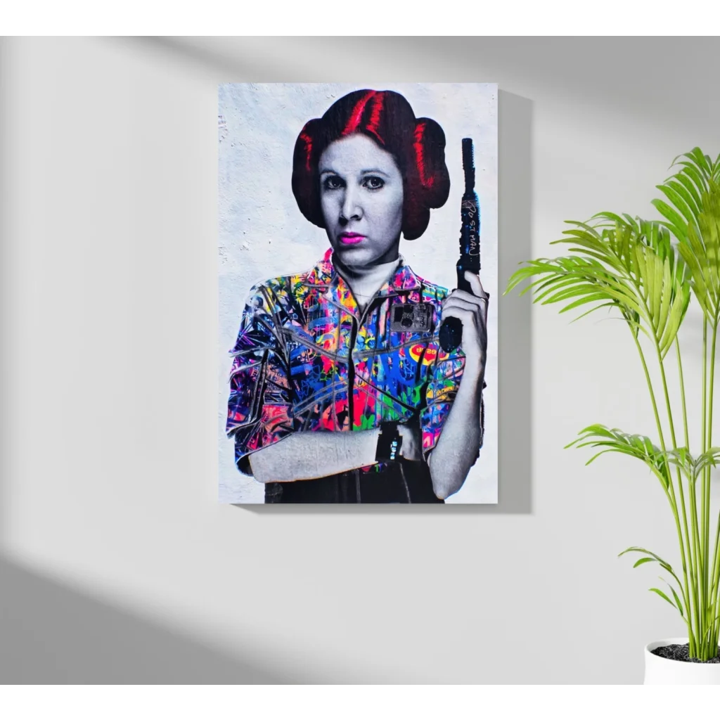 Vibrant Queen Leia pop art canvas with floral blaster design