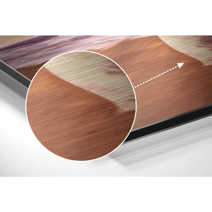 Brushed aluminium dibond beach sunset print with sleek wood-grain TV screen