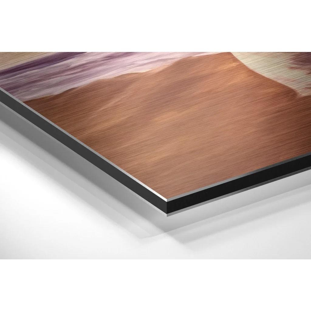 Glass Wall Art Brushed aluminium dibond beach sunset with wood-grain coastal scene