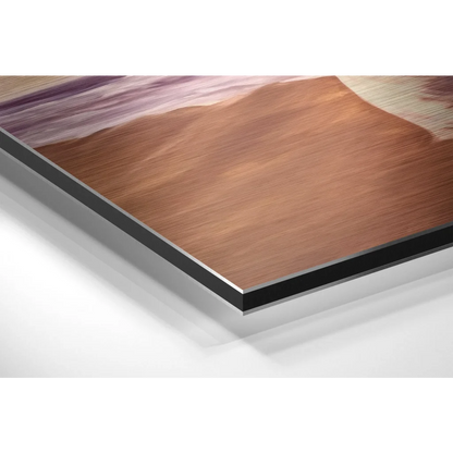 Brushed aluminium dibond beach sunset with wood-grain coastal scene