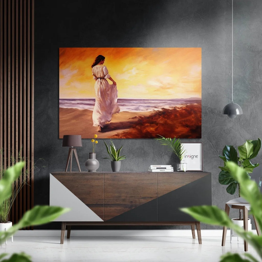 Woman in white dress on sunset beach, brushed aluminium dibond print