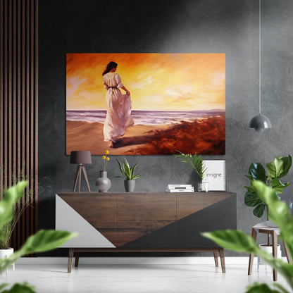 Woman in white dress on sunset beach, brushed aluminium dibond print