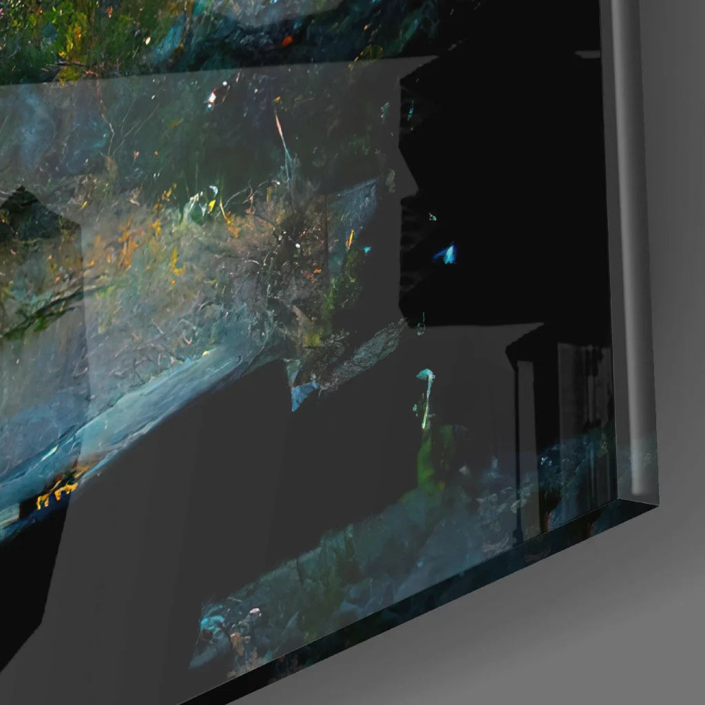 Textured abstract glass wall art in deep blues, greens, and earthy tones