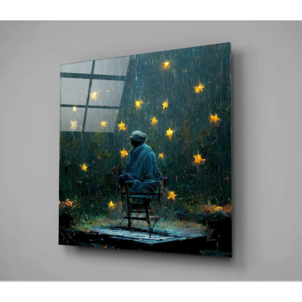 Solitary figure in starlit rain on textured glass wall art