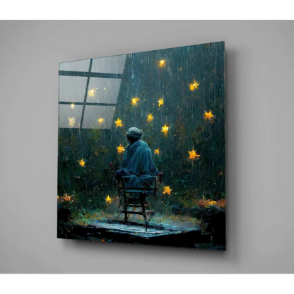 Solitary figure in starlit rain on textured glass wall art