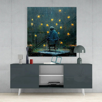 Modern dark gray console table with white legs under Starlit Rain glass wall art