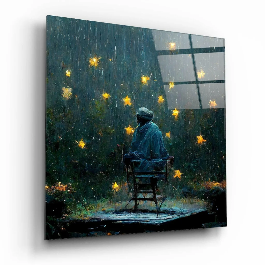 Solitary figure in blue coat under rainy stars on glass wall art