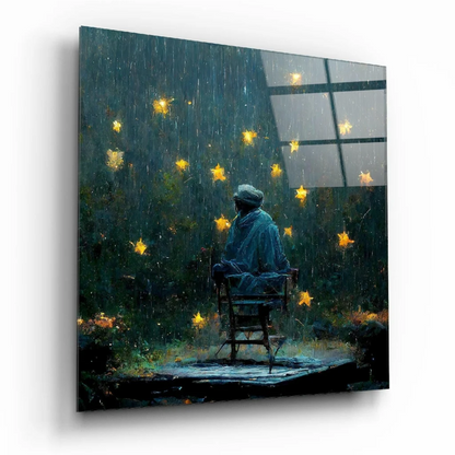 Solitary figure in blue coat under rainy stars on glass wall art