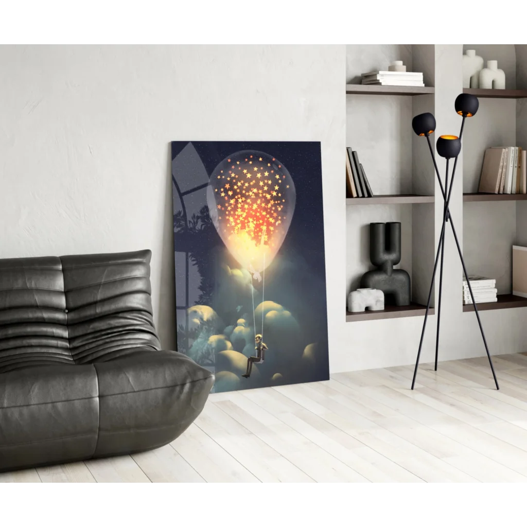 Whimsical child with glowing star balloon wall art canvas print