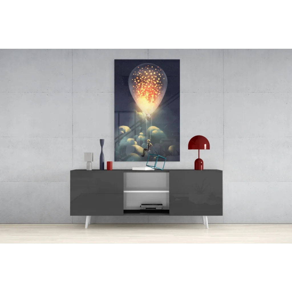 Vibrant red mushroom lamp on gray console with magical starlit balloon wall art glow