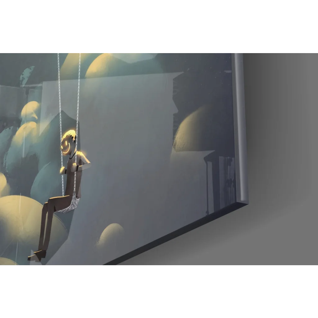 Golden chained character on glass wall art with starlit balloon glow