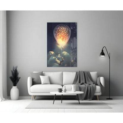 Glowing hot air balloon wall art canvas with golden sparks in dark sky