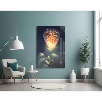 Whimsical child on glowing star-filled hot air balloon wall art canvas