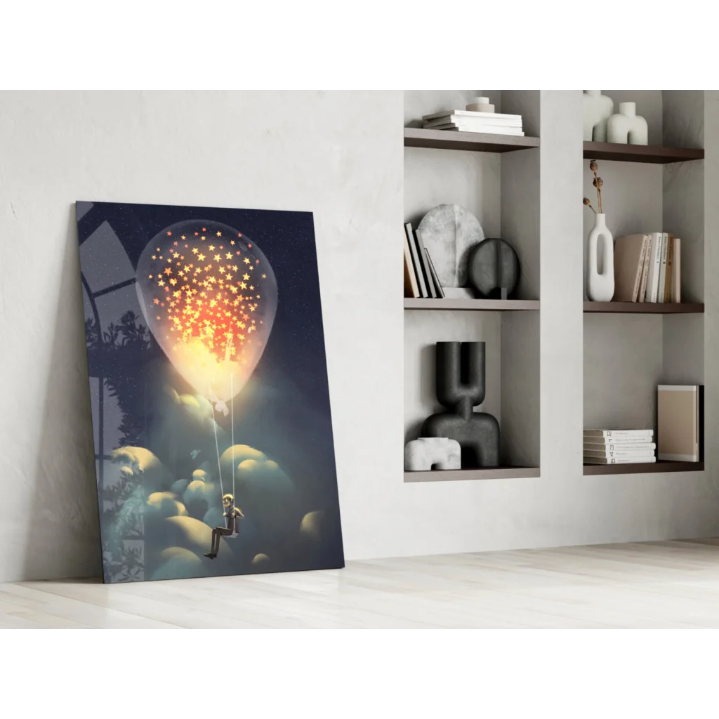 Glowing starlit balloon wall art canvas with golden glow