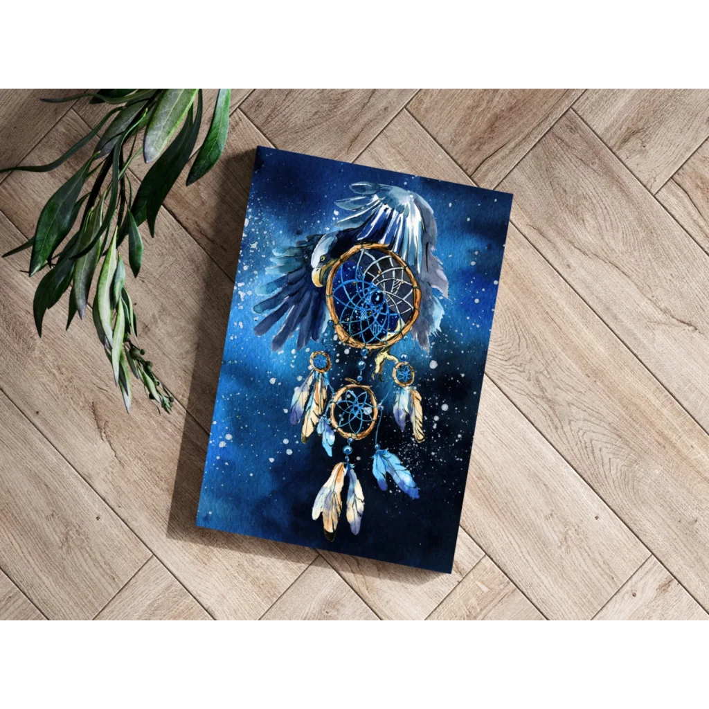 Starry Night Dreamcatcher Canvas with golden feathers on starry blue background