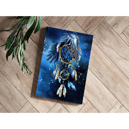 Starry Night Dreamcatcher Canvas with golden feathers on starry blue background