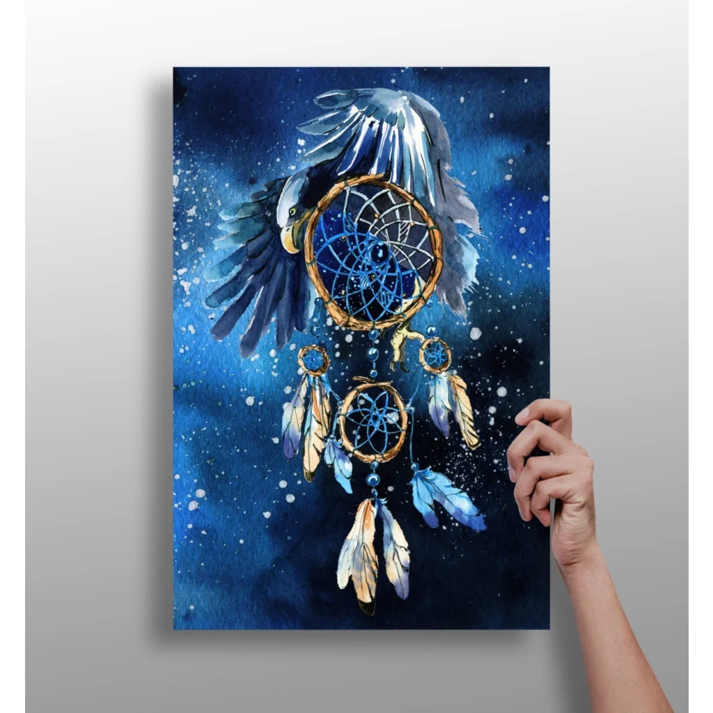 Vibrant blue watercolor starry night dreamcatcher canvas with golden feathers