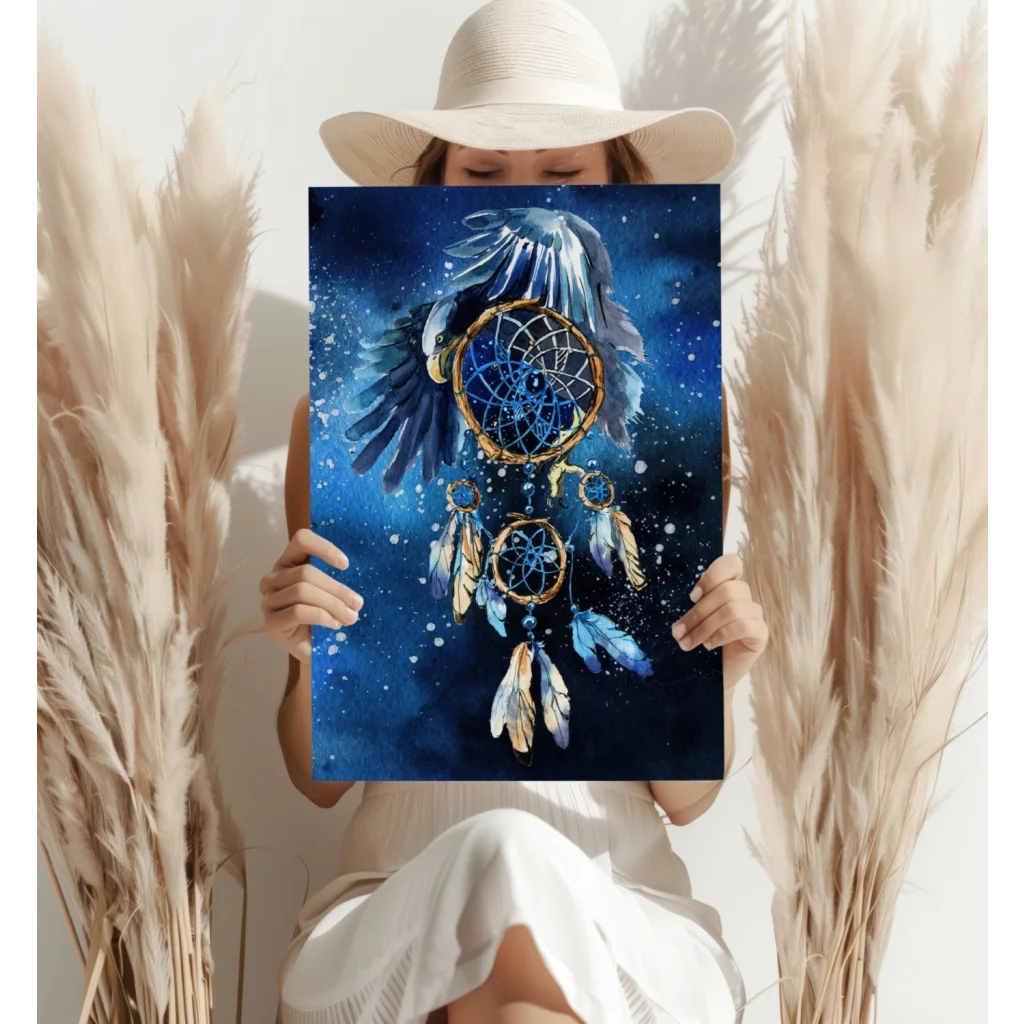 Starry Night Dreamcatcher Canvas with eagle, feathers, cosmic blue background