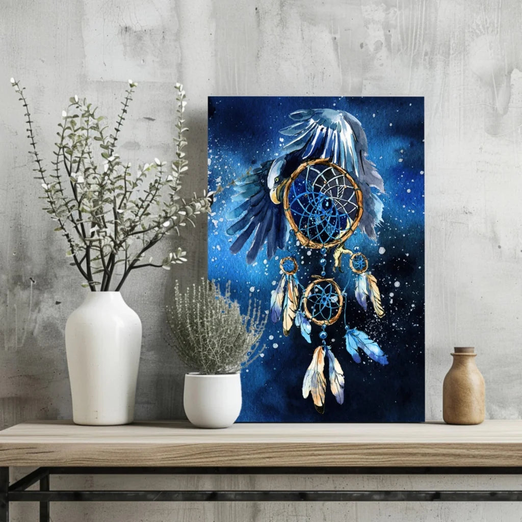 Vibrant Starry Night dreamcatcher canvas with golden feathers on wall