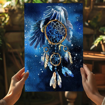 Vibrant blue eagle with dreamcatcher on starry night canvas