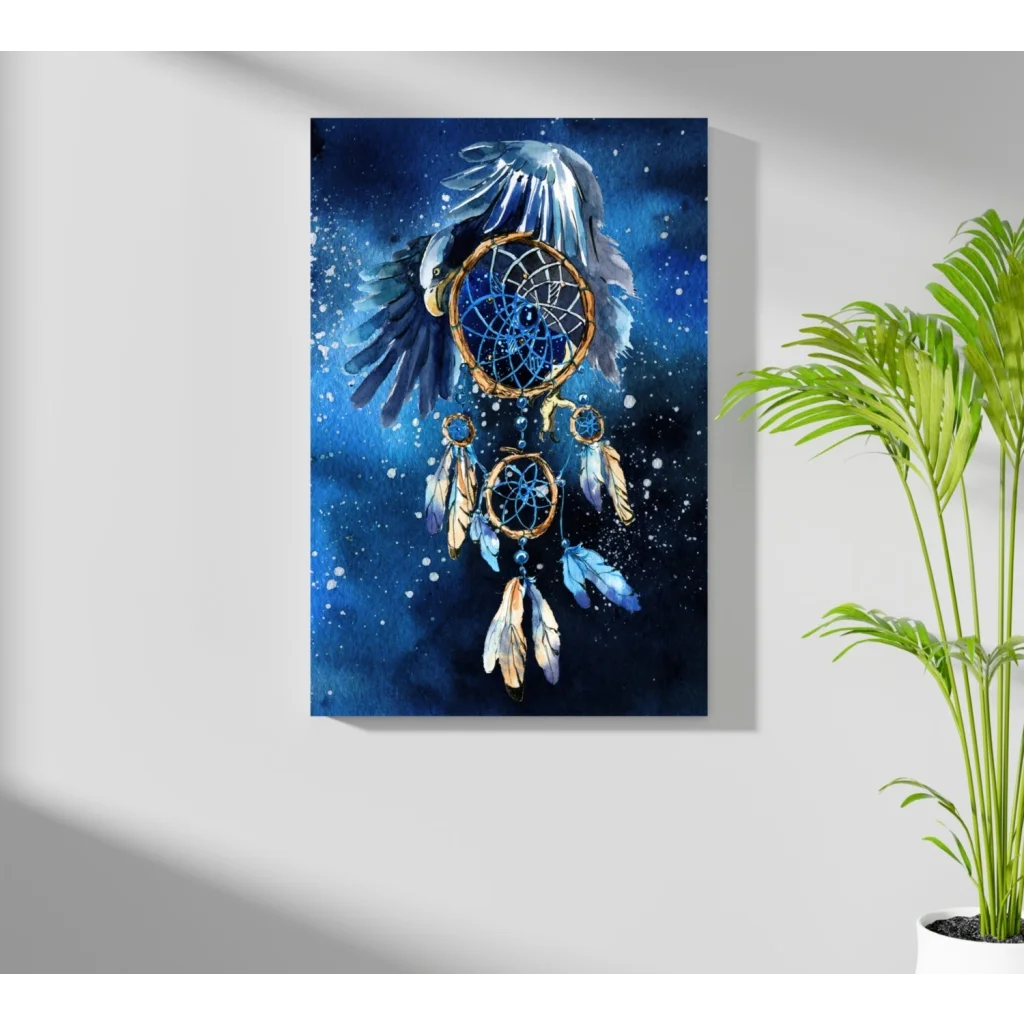 Vibrant blue eagle dreamcatcher canvas with golden feathers on starry night sky