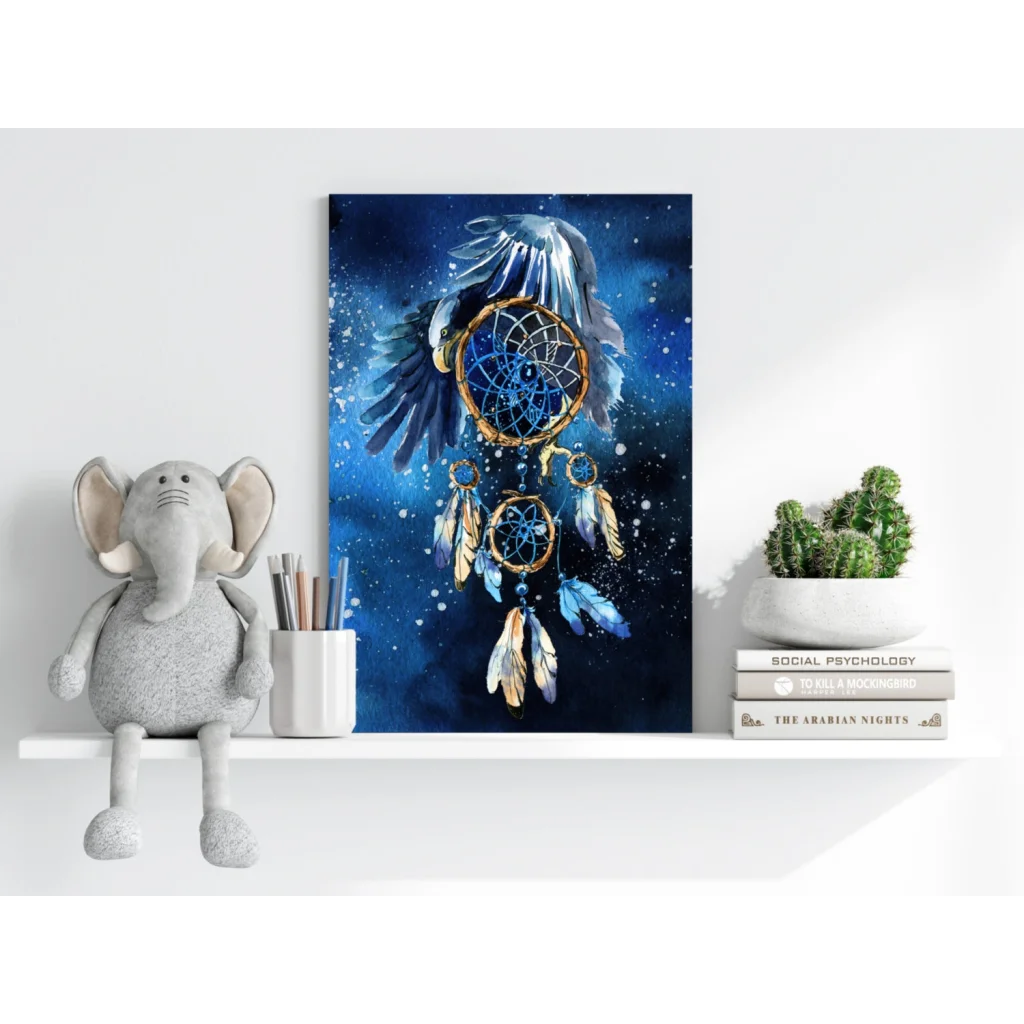 Vibrant blue Starry Night Dreamcatcher canvas with golden feathers