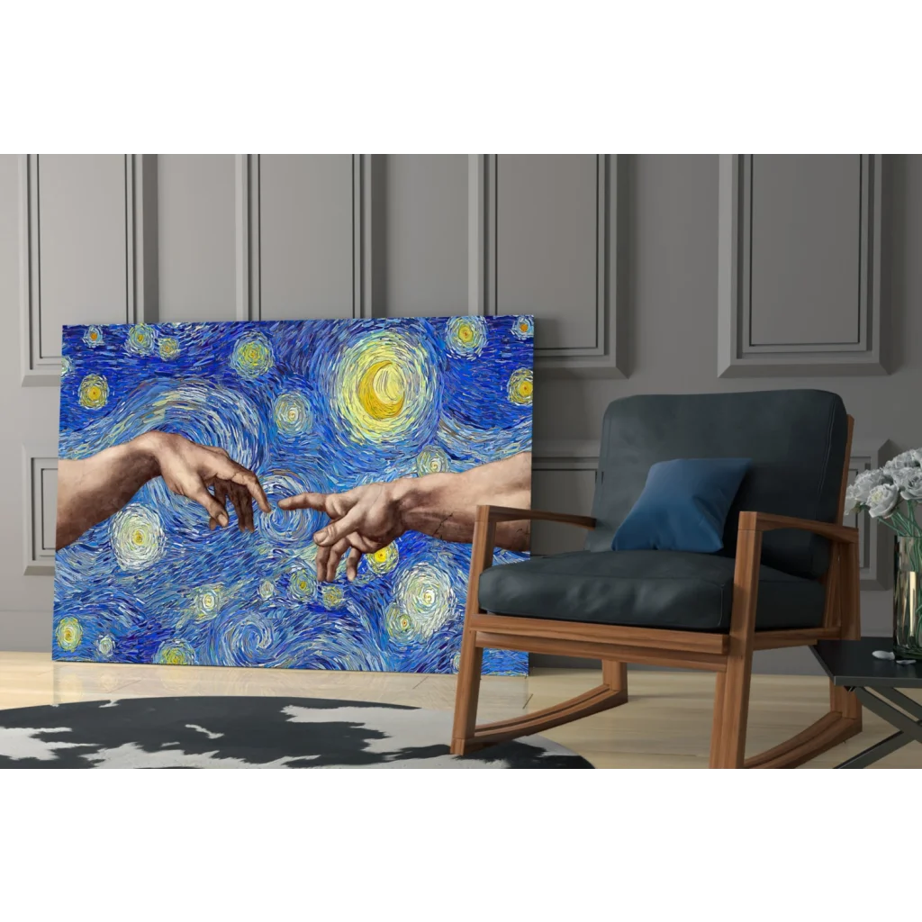Vibrant Starry Night glass wall art with hands reaching in swirling blues