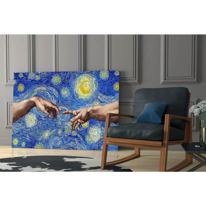 Vibrant Starry Night glass wall art with hands reaching in swirling blues