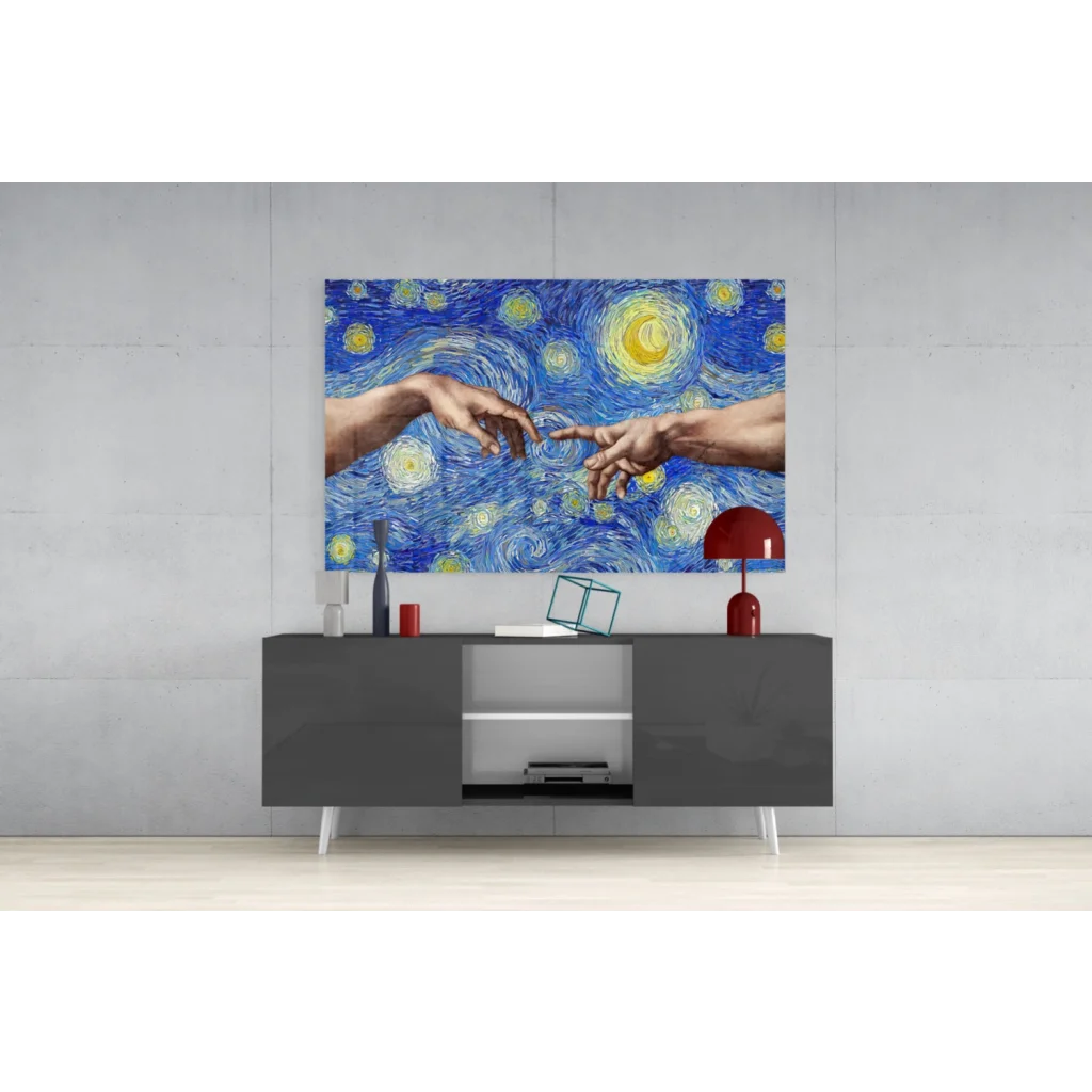 Vibrant glass wall art of Michelangelos Creation of Adam with starry skies