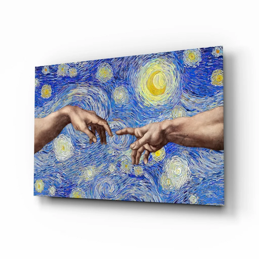 Starry Night glass wall art with swirling cosmic blues and yellow stars