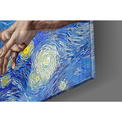 Vibrant Starry Night glass wall art with swirling cosmic blues and glowing stars