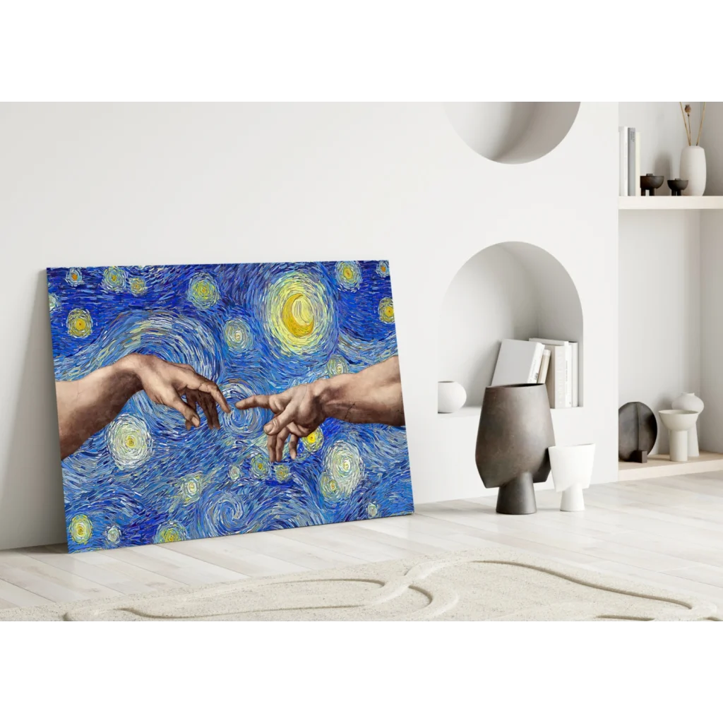 Vibrant Starry Night glass wall art with swirling cosmic blues and yellow stars