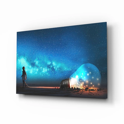 Surreal glowing light bulb in starry sky on cosmic glass wall art