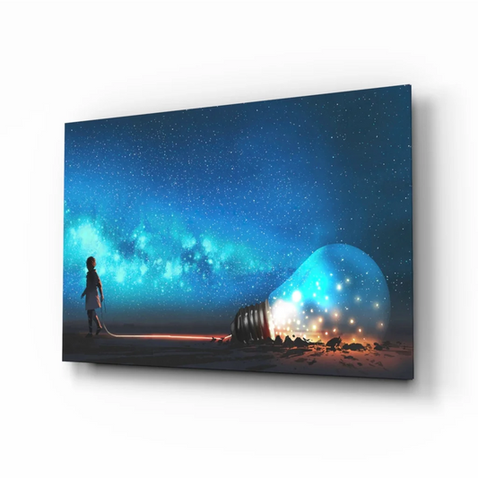 Surreal glowing light bulb in starry sky on cosmic glass wall art